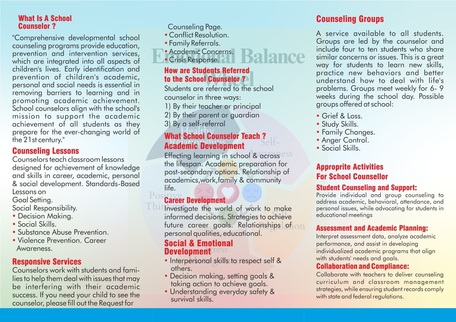School counselling lessons, referrals, development and group support pamphlet