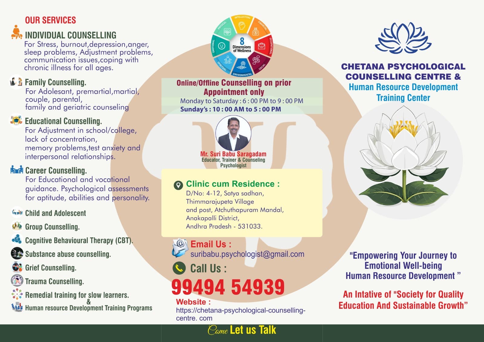Chetana counselling services pamphlet with contact and appointment information